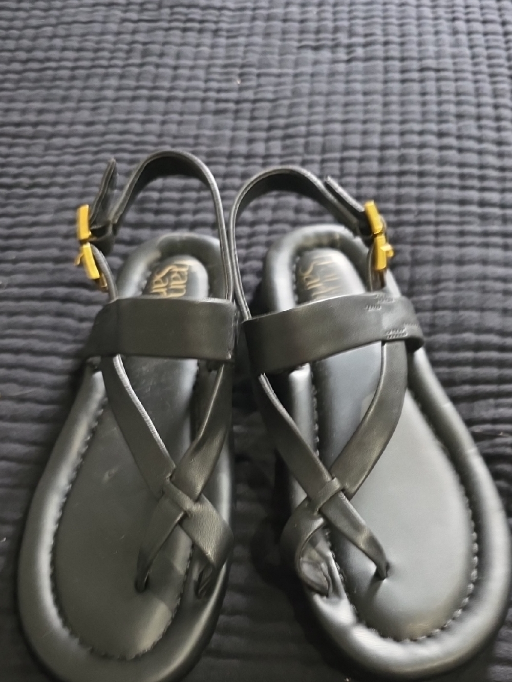 Franco Sarto Black Leather Crisscross Sandals with Gold Buckle